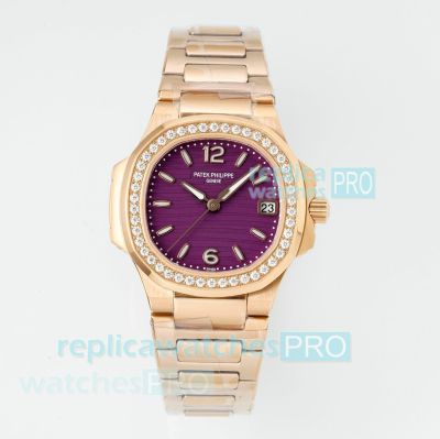 PPM Swiss Clone Patek Philippe Nautilus 7010 Purple Dial Diamond Rose Gold Watch 
